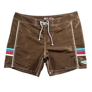 Hobie Board Shorts Mens 40 Brown Y2K Retro Stripe Surf Swim Trunks Coastal